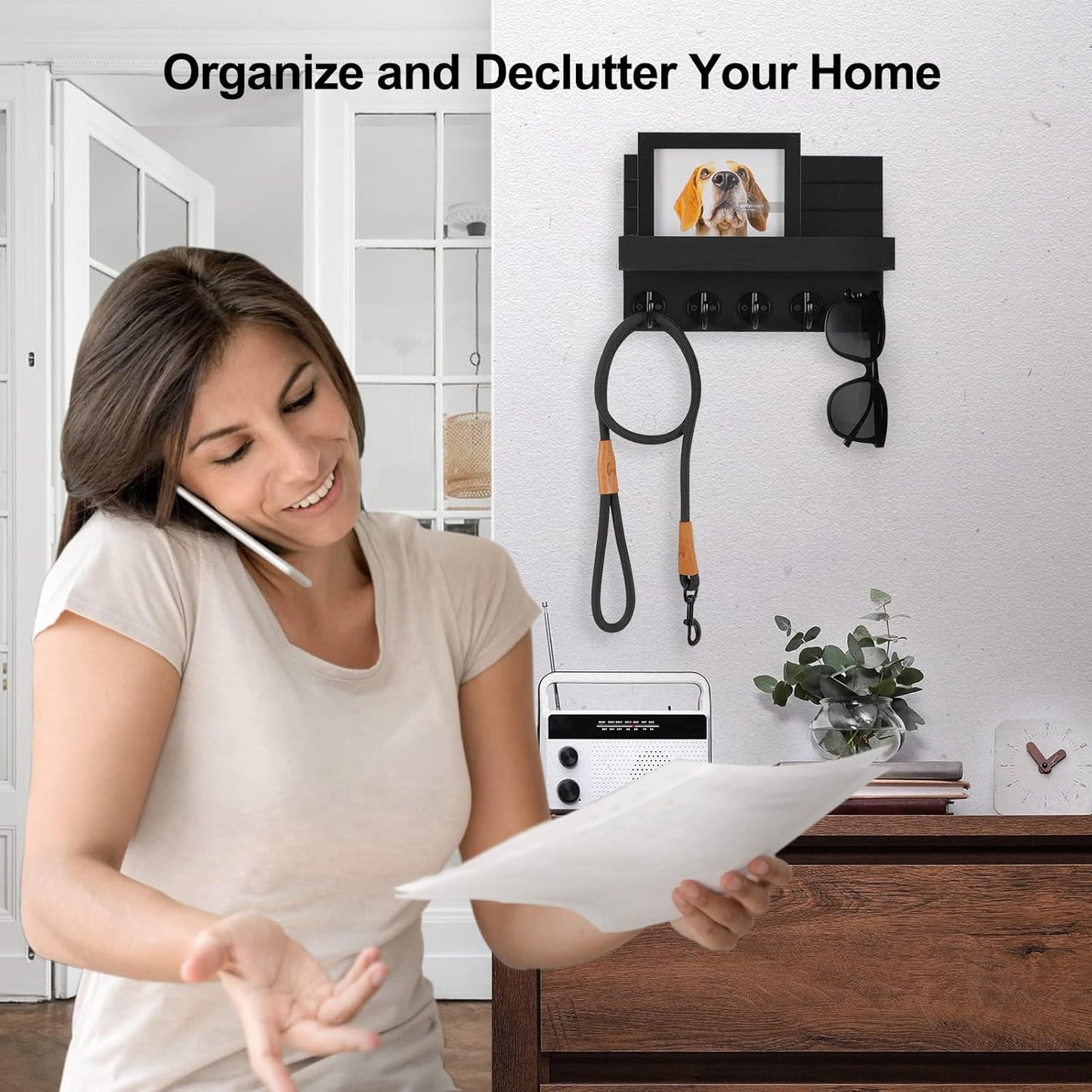 Key Holder for Wall, Decorative Key and Mail Holder with Shelf Has Large Hooks