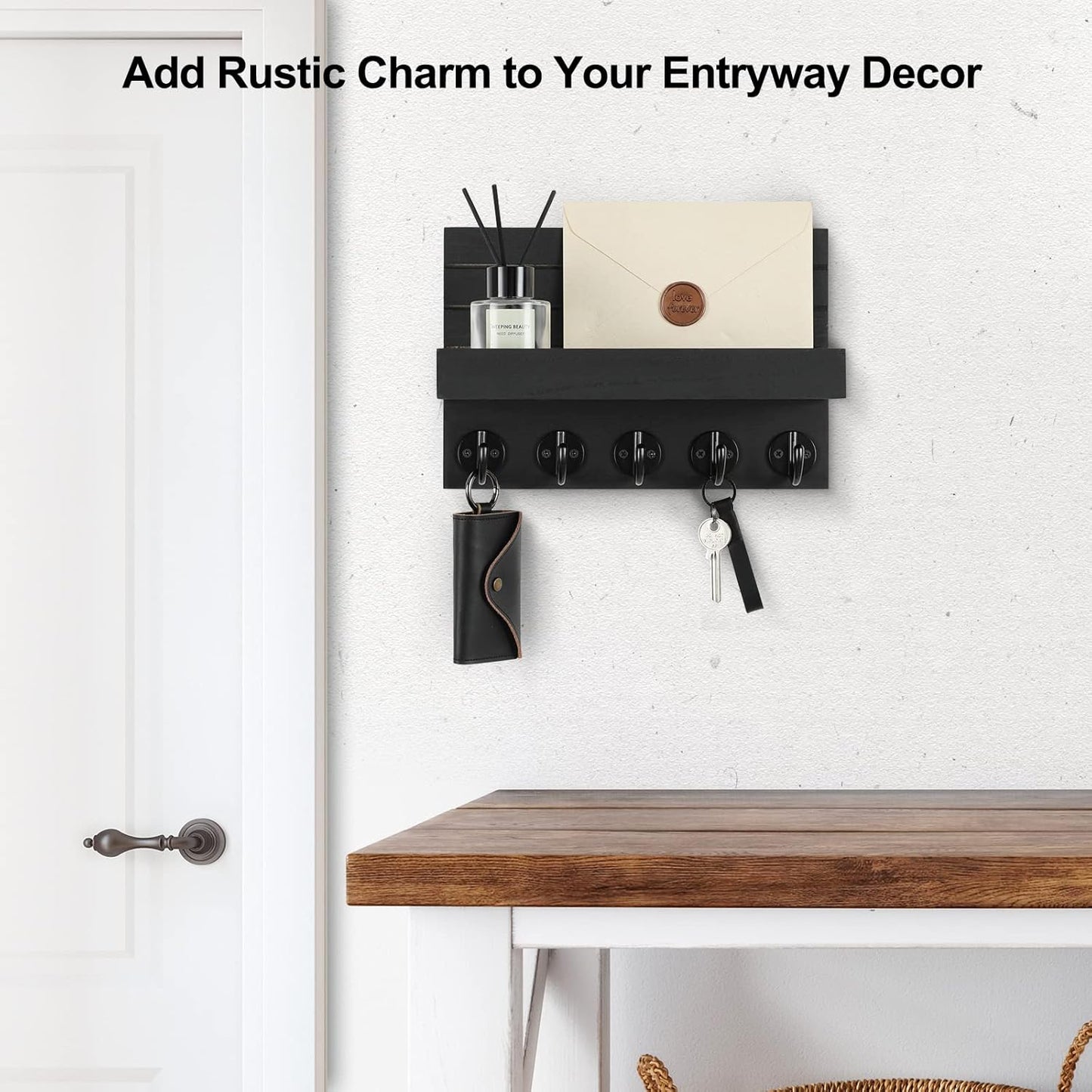 Key Holder for Wall, Decorative Key and Mail Holder with Shelf Has Large Hooks
