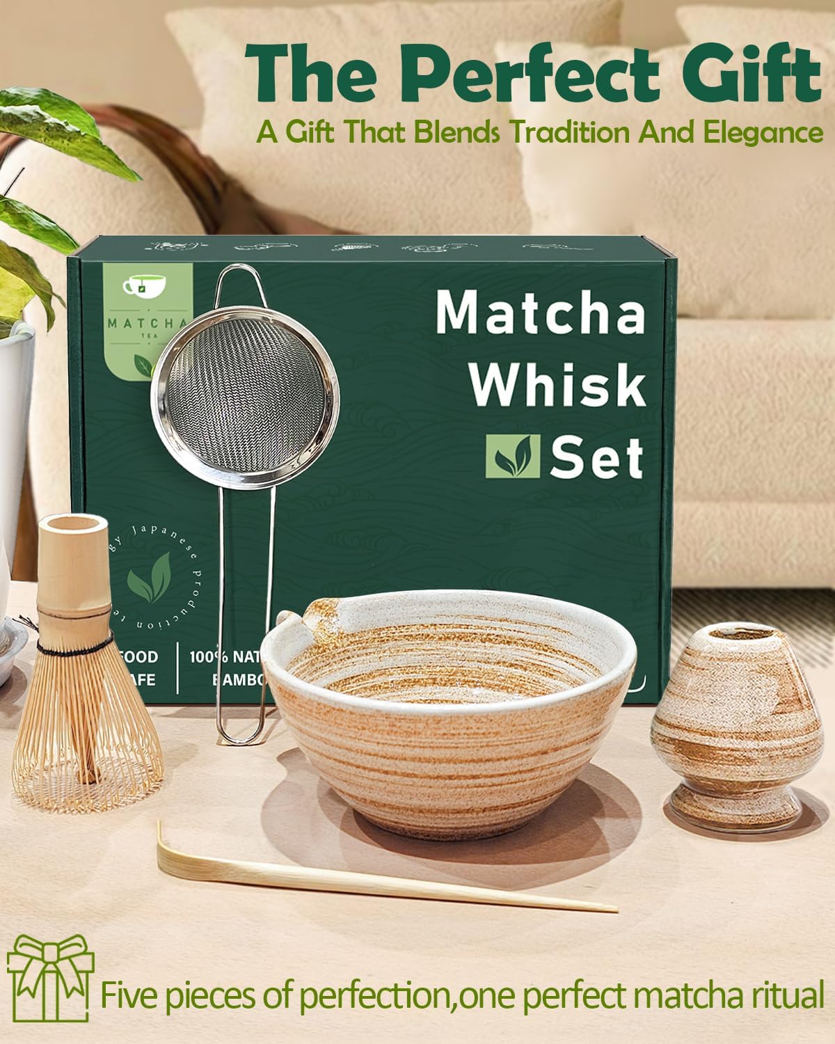 Matcha Whisk Set with Matcha Bowl, Matcha Whisk Holder Matcha Bamboo Whisk, Scoop, Sifter, Unique Gifts