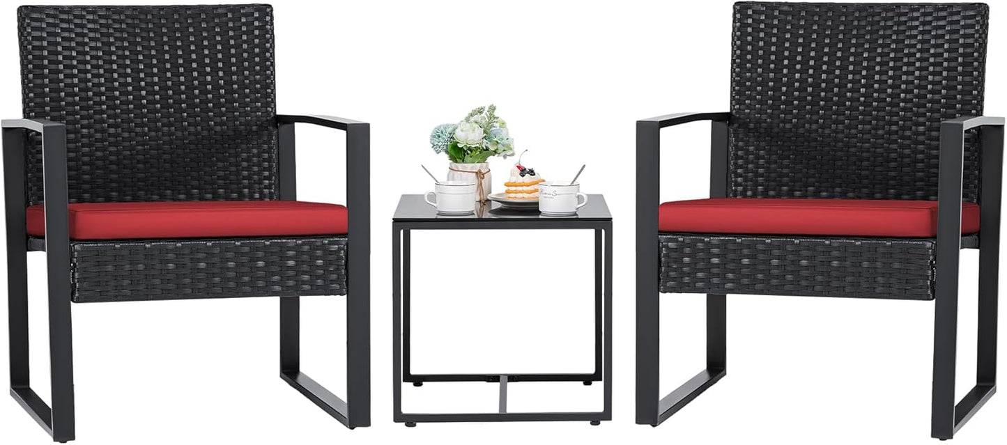 3 Pieces Patio Set Outdoor Wicker Furniture Sets Modern Rattan Chair Conversation Sets with Coffee Table for Yard and Bistro (Black)