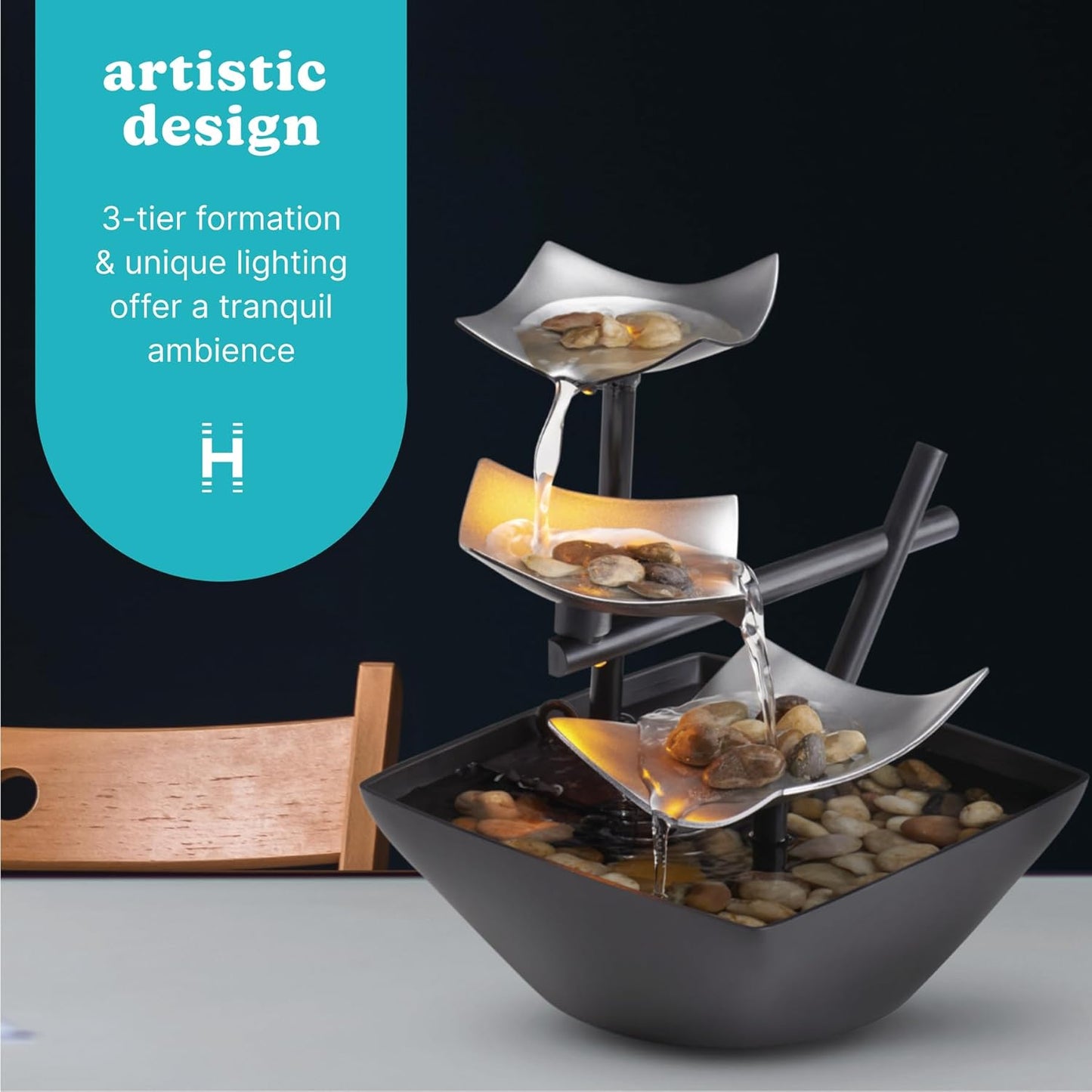 Homedics Tabletop Water Fountain, Home Décor Soothing Sound Machine - Automatic Pump