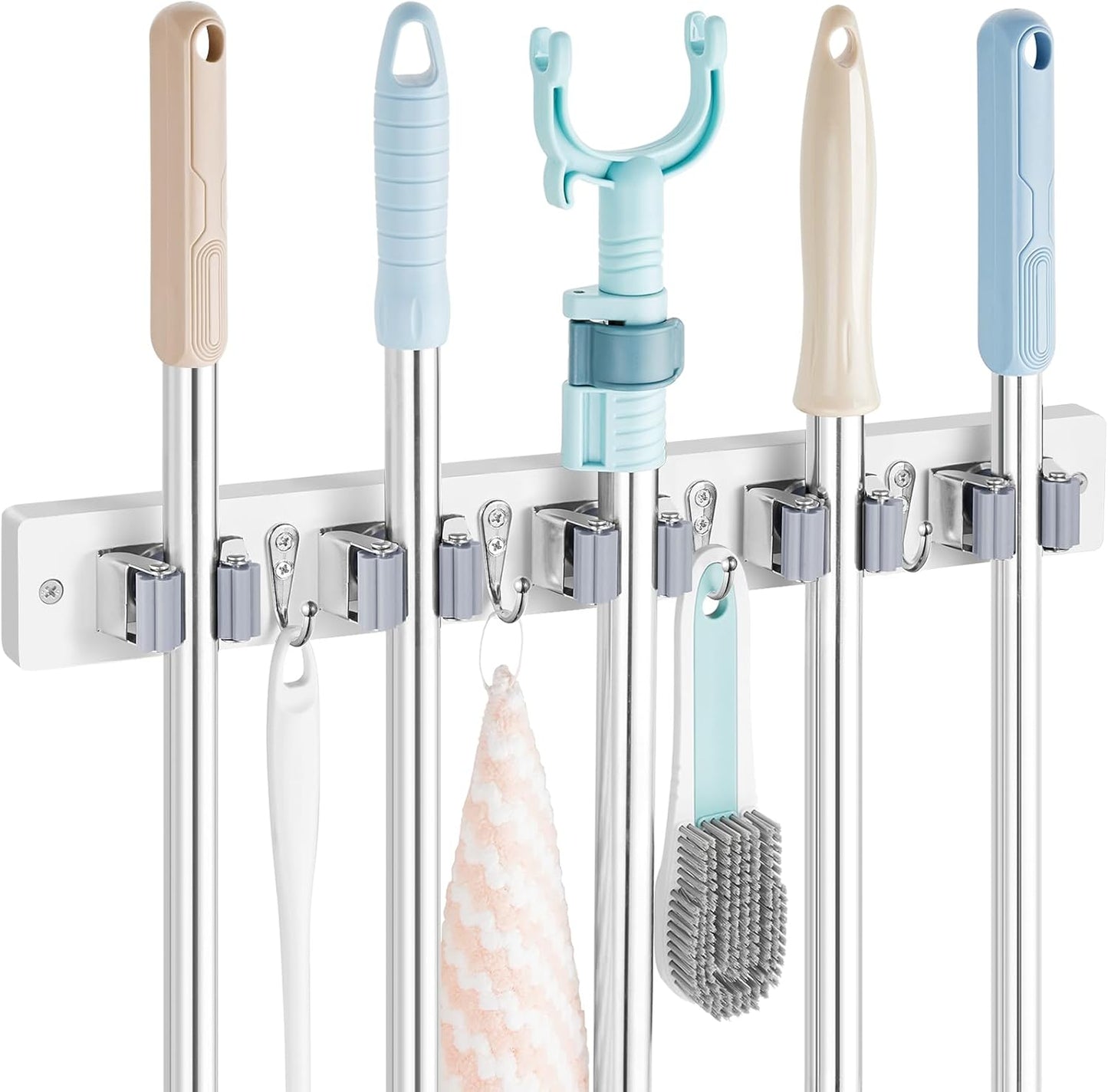 Mop and Broom Holder Wall Mount - Rustic Wood Broom Mop Hanger - Wall Mounted Garden Tool Rack Organizer