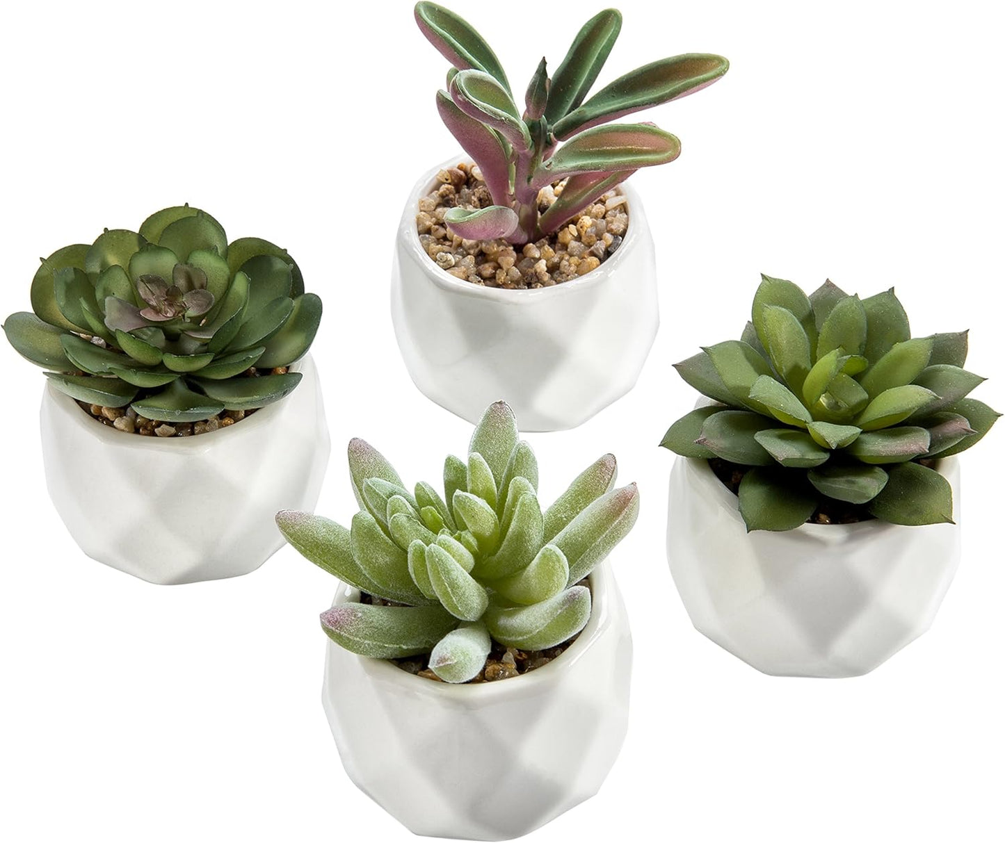 Gift Mini Assorted Green Faux Succulent, Indoor Fake Plants in Geometric Ceramic Pots, Set of 6