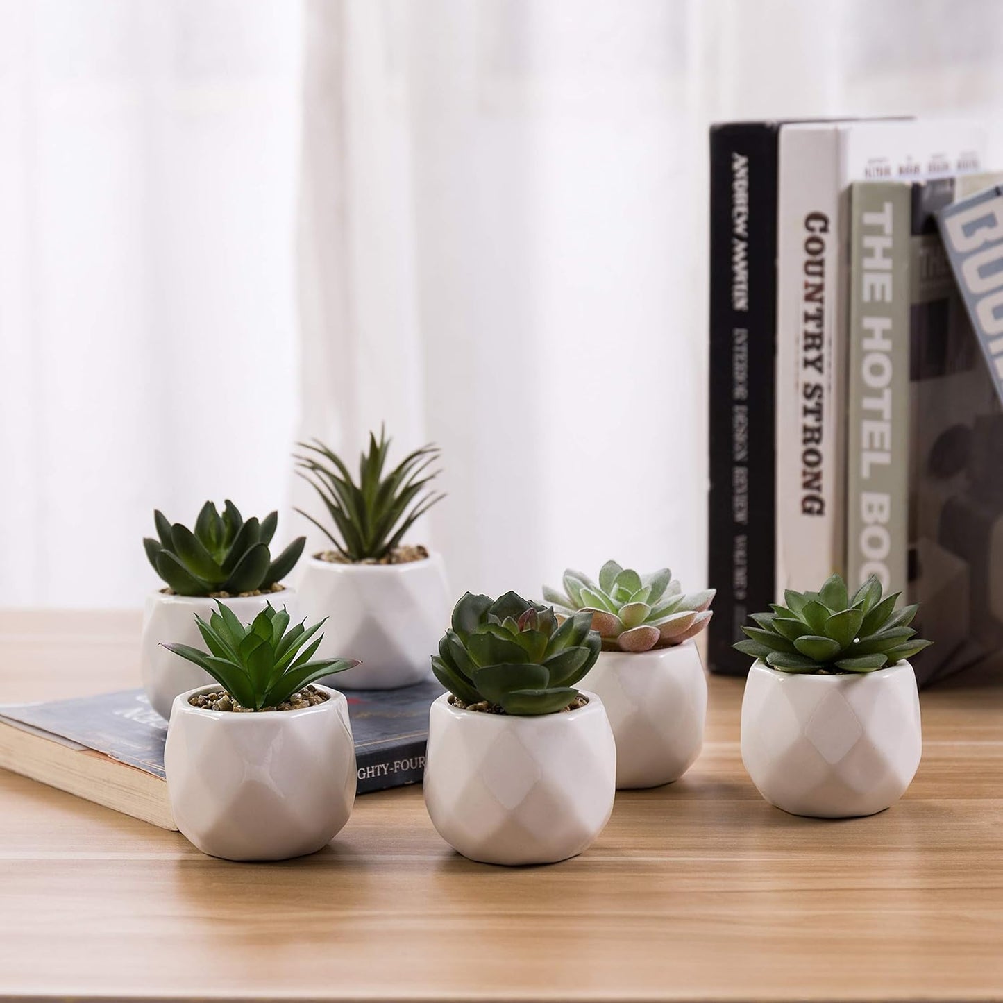Gift Mini Assorted Green Faux Succulent, Indoor Fake Plants in Geometric Ceramic Pots, Set of 6