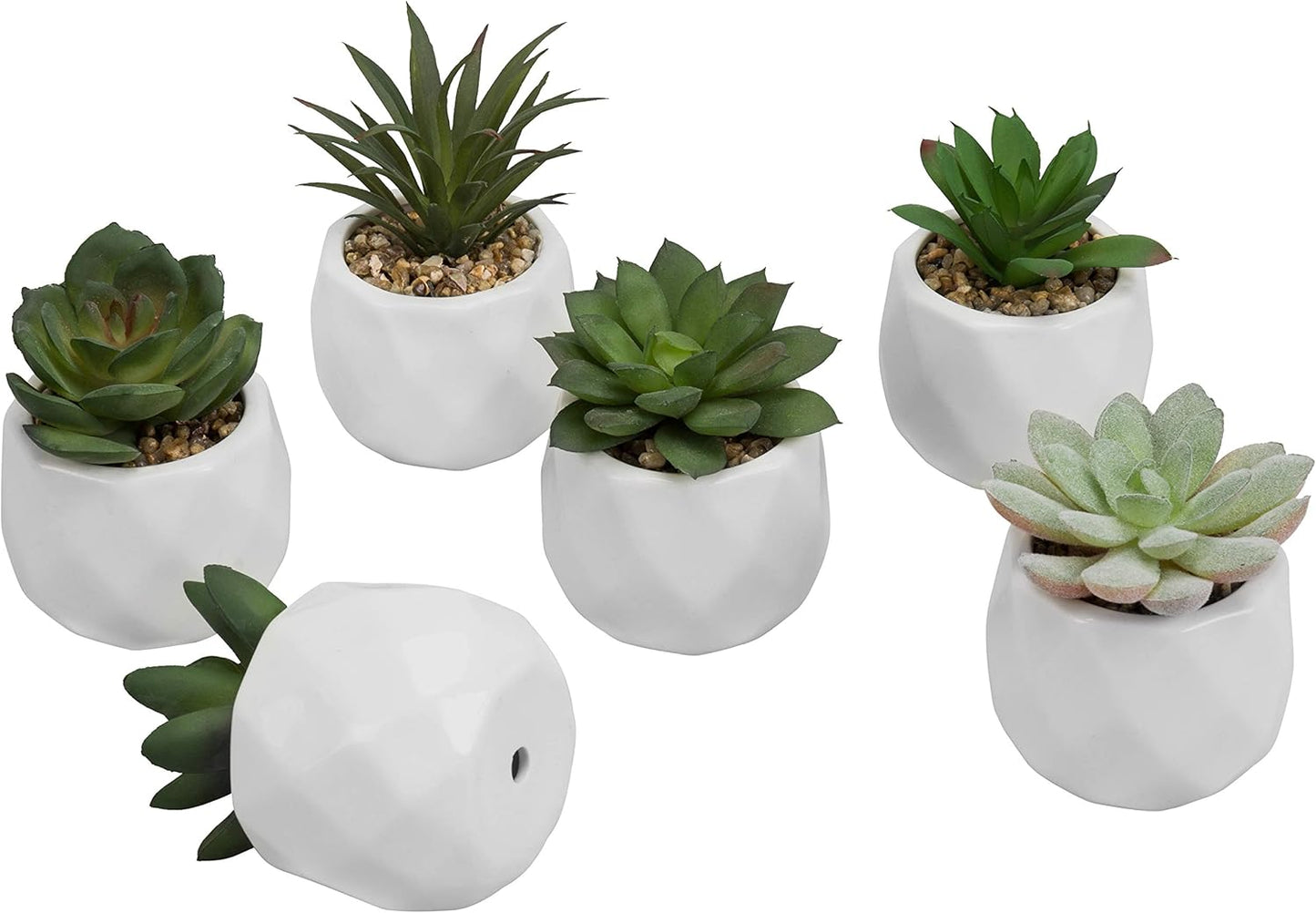 Gift Mini Assorted Green Faux Succulent, Indoor Fake Plants in Geometric Ceramic Pots, Set of 6