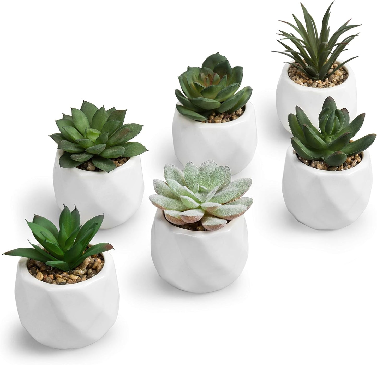 Gift Mini Assorted Green Faux Succulent, Indoor Fake Plants in Geometric Ceramic Pots, Set of 6