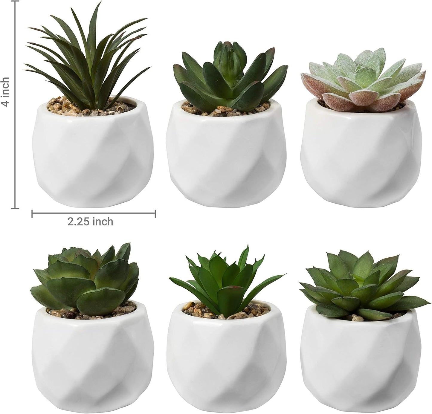 Gift Mini Assorted Green Faux Succulent, Indoor Fake Plants in Geometric Ceramic Pots, Set of 6