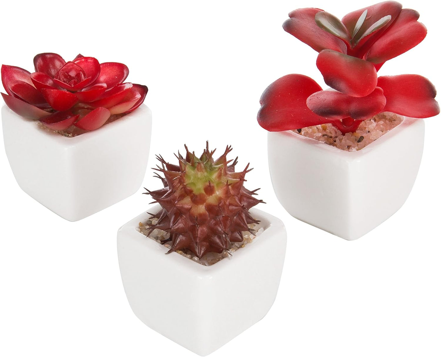 Gift Mini Assorted Green Faux Succulent, Indoor Fake Plants in Geometric Ceramic Pots, Set of 6