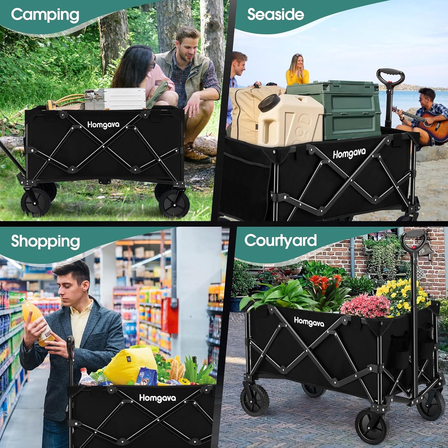 Collapsible Folding Wagon Cart 150L, Heavy Duty Garden Cart with All Terrain Wheels,Portable Large Capacity Utility Wagon Cart