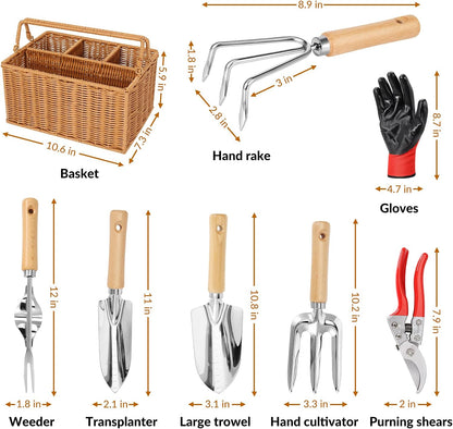 Gardening Hand Tools with Basket – Garden Tool Set with Pruning Shears, Cultivator, Gloves – Heavy-Duty Stainless Steel Gardening Tools