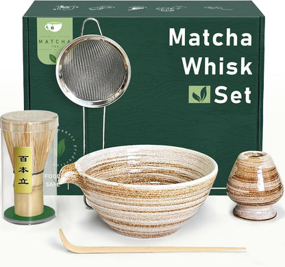 Matcha Whisk Set with Matcha Bowl, Matcha Whisk Holder Matcha Bamboo Whisk, Scoop, Sifter, Unique Gifts 