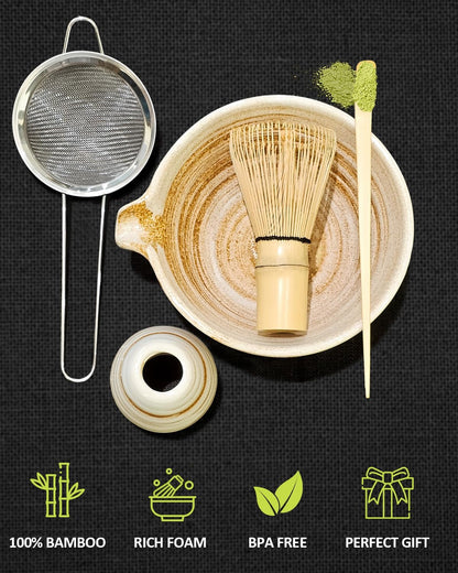 Matcha Whisk Set with Matcha Bowl, Matcha Whisk Holder Matcha Bamboo Whisk, Scoop, Sifter, Unique Gifts 