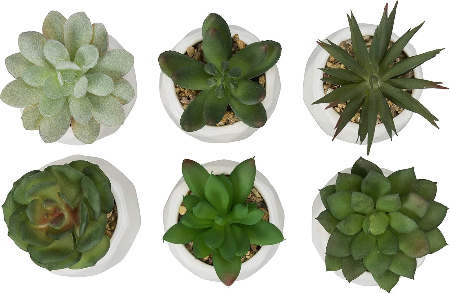 Gift Mini Assorted Green Faux Succulent, Indoor Fake Plants in Geometric Ceramic Pots, Set of 6