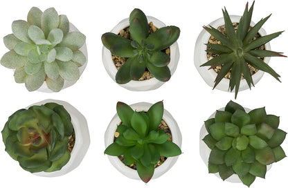 Gift Mini Assorted Green Faux Succulent, Indoor Fake Plants in Geometric Ceramic Pots, Set of 6