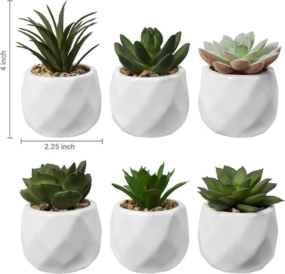 Gift Mini Assorted Green Faux Succulent, Indoor Fake Plants in Geometric Ceramic Pots, Set of 6