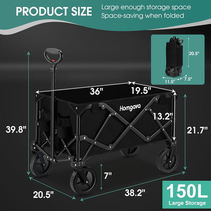 Collapsible Folding Wagon Cart 150L, Heavy Duty Garden Cart with All Terrain Wheels,Portable Large Capacity Utility Wagon Cart 