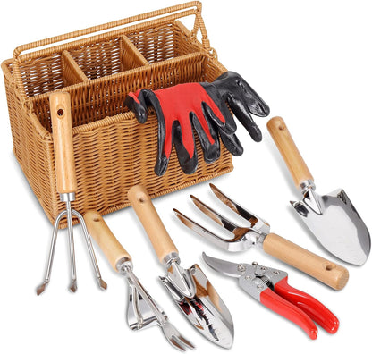 Gardening Hand Tools with Basket – Garden Tool Set with Pruning Shears, Cultivator, Gloves – Heavy-Duty Stainless Steel Gardening Tools